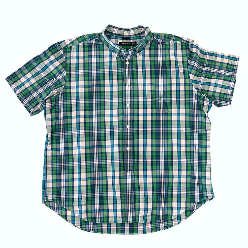 Nautica Men's Green/Blue Plaid Button Short Sleeve Shirt - SIZE XXL